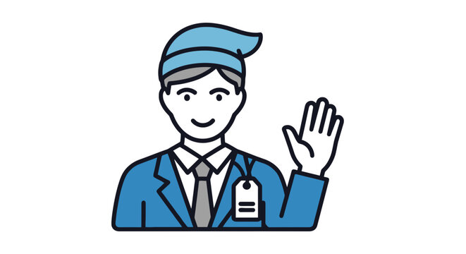 Friendly cartoon greeter in blue uniform waving hello in vector art style; welcoming man with name tag and peaked hat illustration