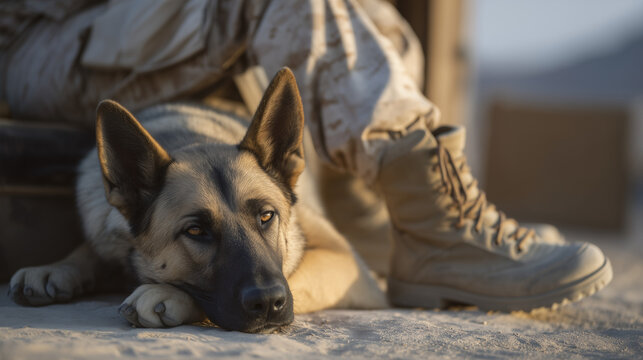 Military working dog resting chin on handler's boot after a training drill, exhausted animal, late afternoon shadow on parade ground, handler seated on steps, K9 rest period, service animal bond, mi