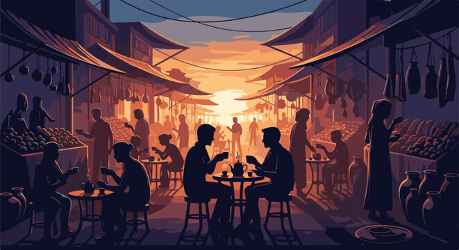 Silhouetted figures gather in a vibrant marketplace at sunset
