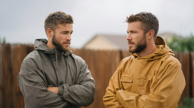 Two male neighbors stand on opposite sides of a wooden fence in a rainy backyard, arms crossed, surveyor stakes visible in muddy grass, property boundary dispute, neighbor conflict, easement disagre