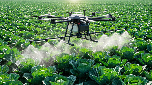 Industrial hexacopter drone spraying organic pesticides over fresh cabbage field.