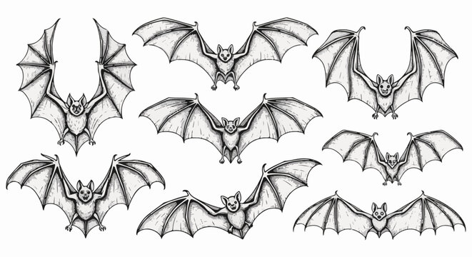 Nine vintage-style bat illustrations in various flying poses