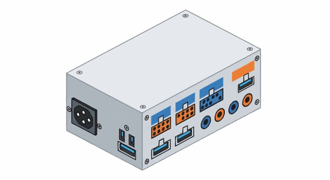 A computer peripheral device with various ports.