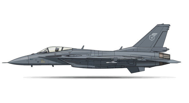 Gray modern military jet fighter illustration; digital pixel art of single-seat multirole combat aircraft; sleek design for defense technology