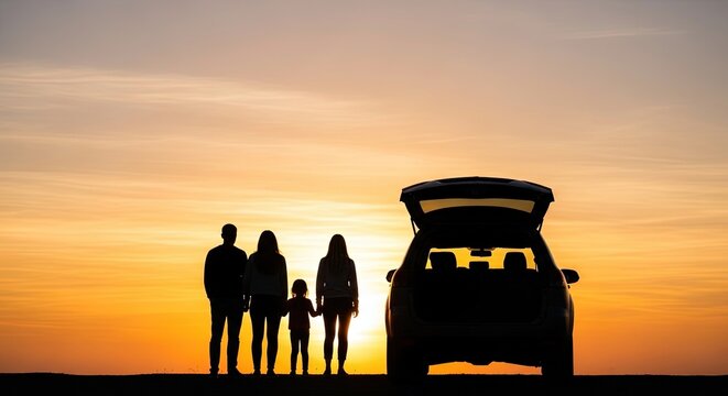 Family silhouette at sunset with vehicle a moment of togetherness and travel
