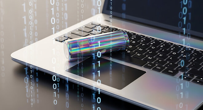 Digital security concept, metallic USB flash drive on a laptop keyboard with abstract binary code rain effect overlay, cybersecurity and data protection