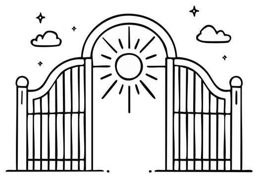 Sun shining through open gates with clouds and stars