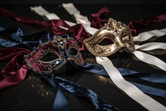 Decorative masquerade masks with intricate beading and satin ribbons on dark surface