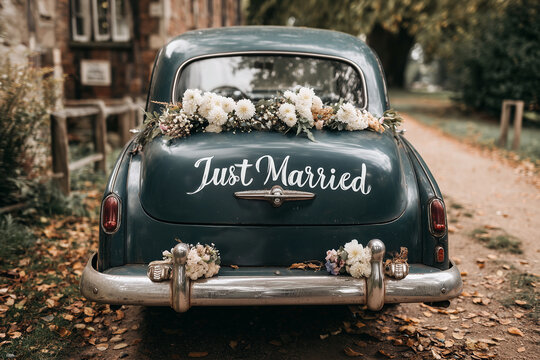 Text Just married written on the back on a vintage classic car decorated with white flowers; country rustic style wedding in autumn