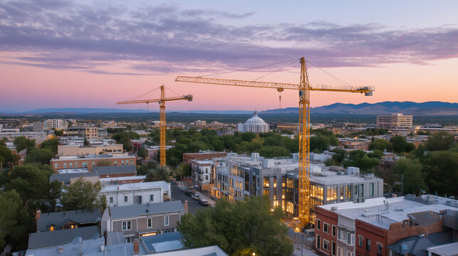Wide drone aerial of a master-planned development under construction beside an established working-class neighborhood at blue hour twilight, cranes lit against purple sky, gentrification aerial, nei