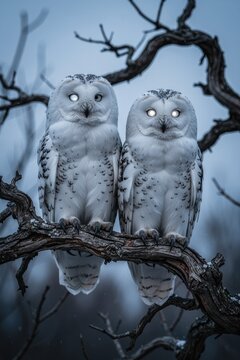 Snowy owls perched on gnarled branch at dusk with luminous glowing eyes