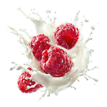 Five ripe red raspberries erupt in creamy white splash. Fresh fruit with liquid action
