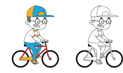 Naklejka premium Cute cartoon boy with glasses riding a bicycle, color and black and white outline version for coloring book page. Vector illustration.