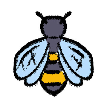 Honey bee insect, hand drawn crayon wax style, honeybee bumblebee doodle element, pollination and teamwork concept, rough texture winged animal nature icon