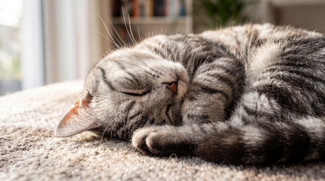 Adorable gray tabby cat deeply asleep and curled up on a soft textured carpet, basking in a warm sunbeam indoors.