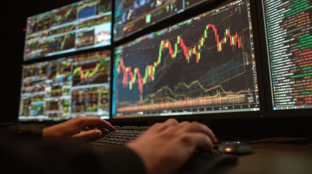 Professional stock market trader analyzing financial data on multiple monitors, hands typing on keyboard in dark office, digital trading charts and graphs