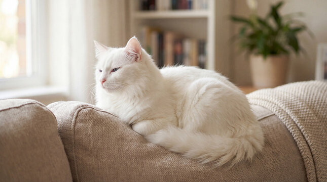 An elegant white cat with blue eyes gracefully perched on the back of a comfortable beige sofa in a sunlit home.