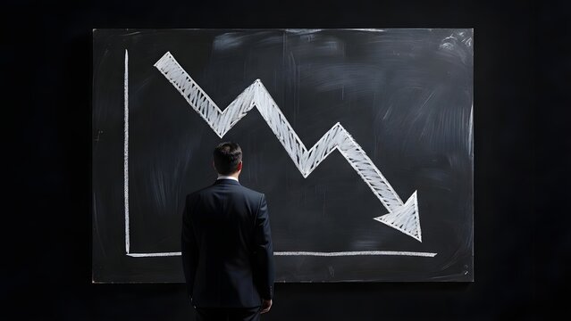 Businessman standing before a chalkboard showing a sharp declining arrow. Economic recession and market loss analysis. Corporate executive looking at a falling financial chart