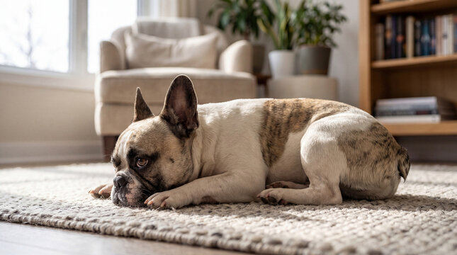 Distraught French bulldog puppy resting on a light-colored rug inside a bright, sunlit modern apartment.