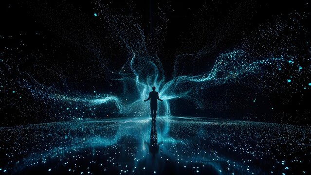 Advanced neural network and global data connectivity. AI technology and deep learning environment. Silhouette of a person with open arms interacting with exploding blue digital light particles