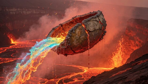 Fiery Lava Flowing from Cracked Volcanic Rock Formation in Intense Volcanic Landscape