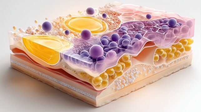 Medical illustration of skin cross-section with SPF sunscreen forming a protective barrier, UV rays blocked and absorbed by filter molecules shown as geometric shapes on the skin surface