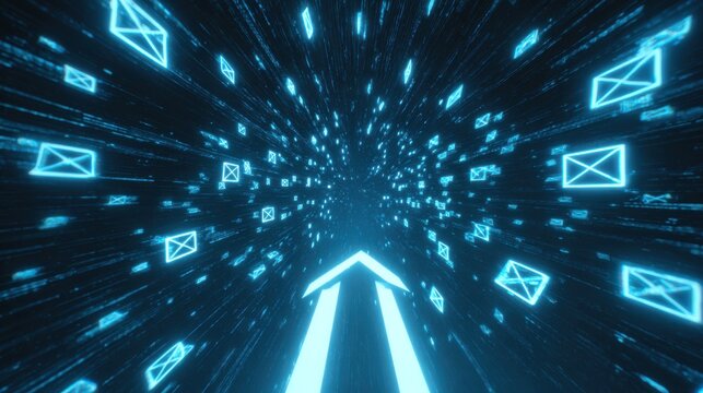 Cybersecurity email data stream, digital glowing envelope icons in motion, high speed internet communication and information transfer concept