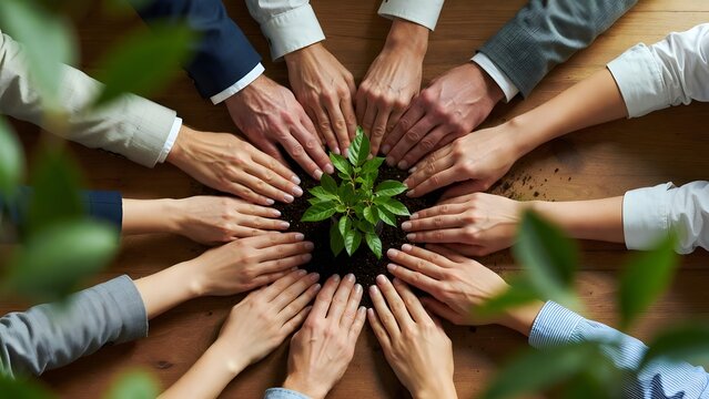 Hands protecting young plant in circle on wooden table. Environmental growth and corporate sustainability. Group of business people nurturing a sprout together as a symbol of teamwork