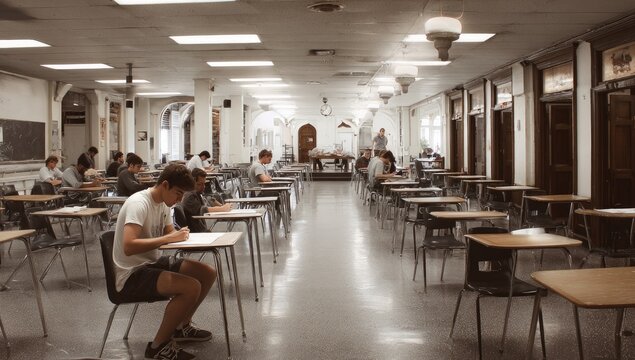 Students diligently taking exams in a large, well-lit hall