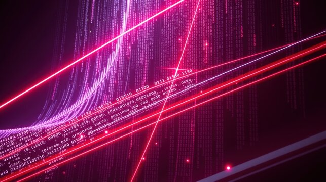 Digital rain effect. Binary code streams down dark background. Bright red lines cut through matrix data flow. Futuristic concept.