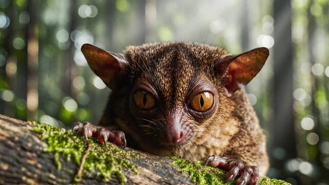Bush baby with large orange eyes on mossy branch in forest 4K Video