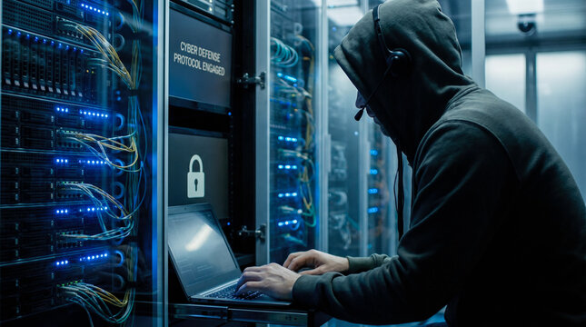 Anonymous male hacker wearing hoodie using laptop computer inside dark server room with glowing blue cables cracking security systems for illegal data theft