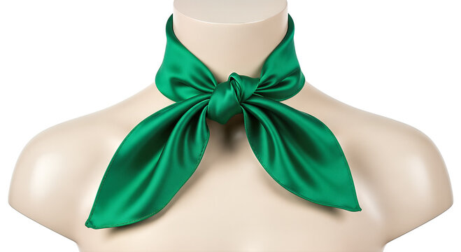 elegant green silk scarf tied bow neck pale female mannequin isolated blank white background fashion accessory luxury clothing beautiful texture template design element