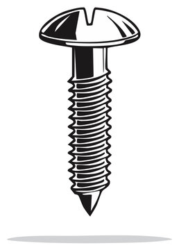 Stylized black and white vector illustration of a single metal screw for hardware and repair