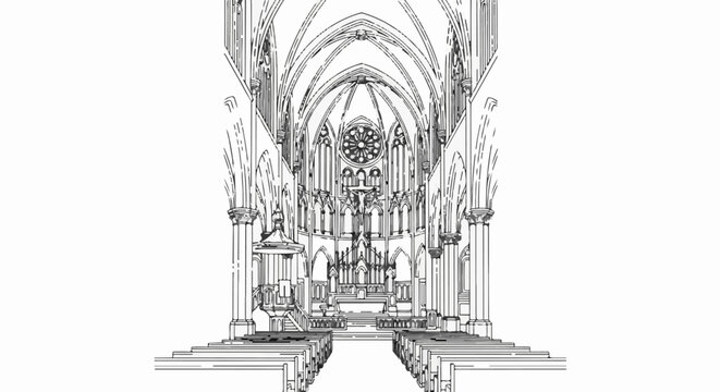 Detailed sketch of a grand cathedral interior with vaulted ceilings and stained glass