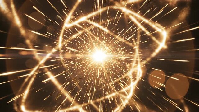 Flare overlay with glowing streaks center concept. Bright glowing atomic particle explosion with radiant energy and dynamic light sparks in dark space