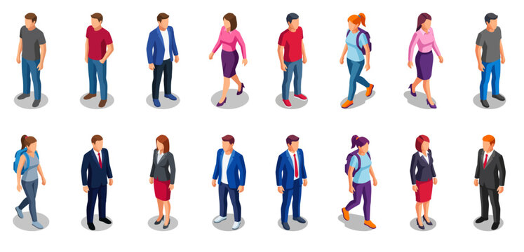 Isometric people character set with walking and standing figures | Professional and casual men and women collection for architectural visualization