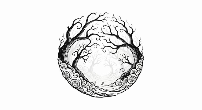 Stylized circular composition of gnarled, bare trees and swirling patterns