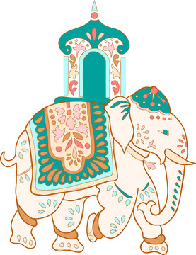 Traditional Indian decorated elephant with howdah floral pattern vector illustration.