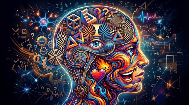 A vibrant, psychedelic illustration of a human head filled with geometric shapes, scientific symbols, and neural connections representing intelligence and creativity.