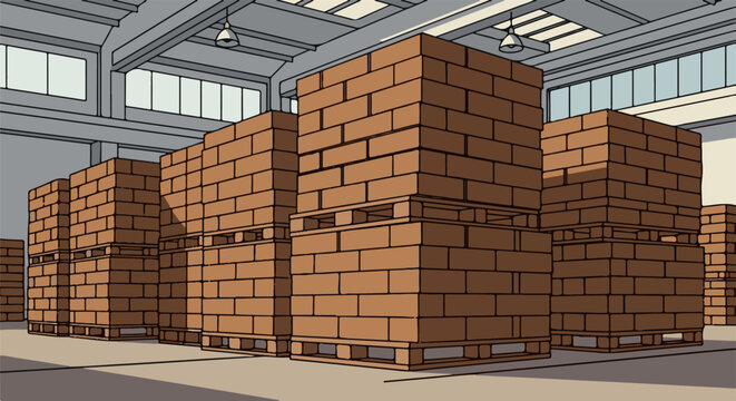Tall stacks of cardboard boxes on wooden pallets inside a warehouse