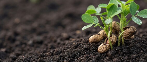 Naklejka premium A young peanut plant with vibrant green leaves growing in dark, fertile soil, with several peanuts visible at its base.