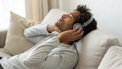 Obraz premium A man relaxes on a sofa with eyes closed, wearing headphones, enjoying music or a podcast in a cozy indoor setting.