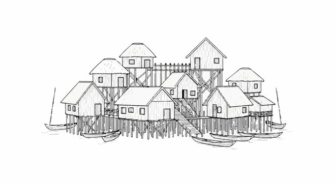 Sketch of a stilted village with thatched roofs and canoes