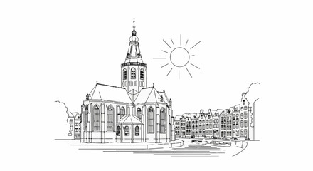 Obraz premium A sunlit sketch of a European city featuring a tall church spire and canal houses