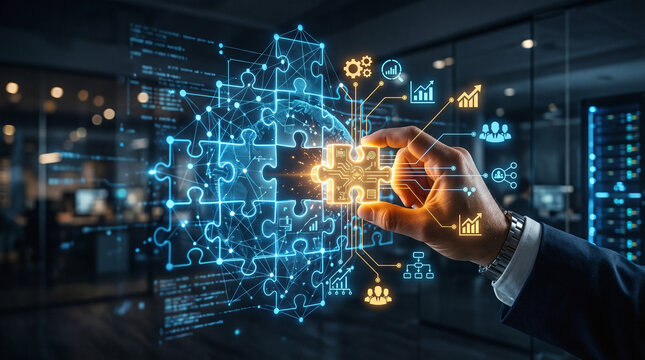 Male hand placing glowing puzzle piece into holographic business puzzle for strategic integration and alignment concept