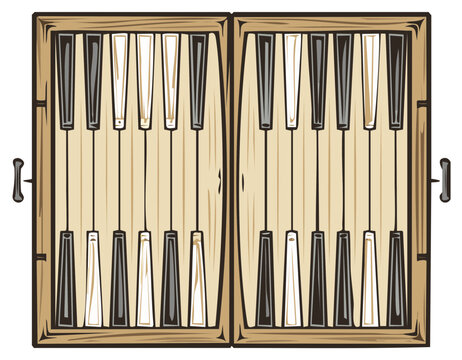 Illustration of a classic backgammon board game with white and black checkers