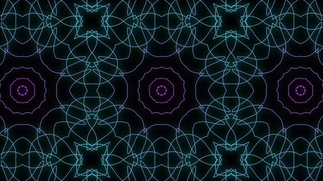 Seamless Geometric Floral Pattern Animation Blue Neon on black Background Loop. erfect for background visuals, motion graphics, branding, textiles, wallpapers, and digital design projects. Loopable 4K
