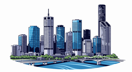 Fototapeta premium A stylized depiction of a modern city skyline with bridges over a river
