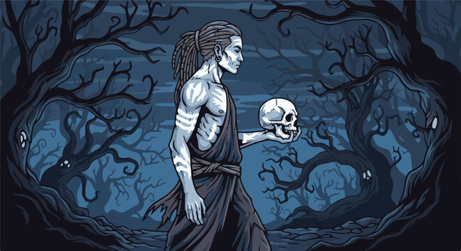 A pale figure holds a skull in a dark, gnarled forest under a moonlit sky
